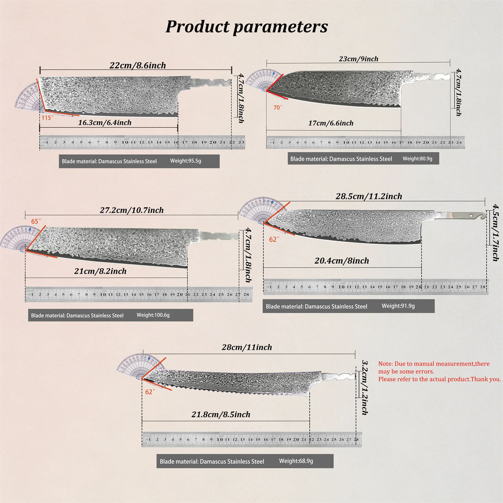 Damascus Steel Chef Knife Blade Set – No Handle, 1–5 Pcs Chef Knife Blade Axl