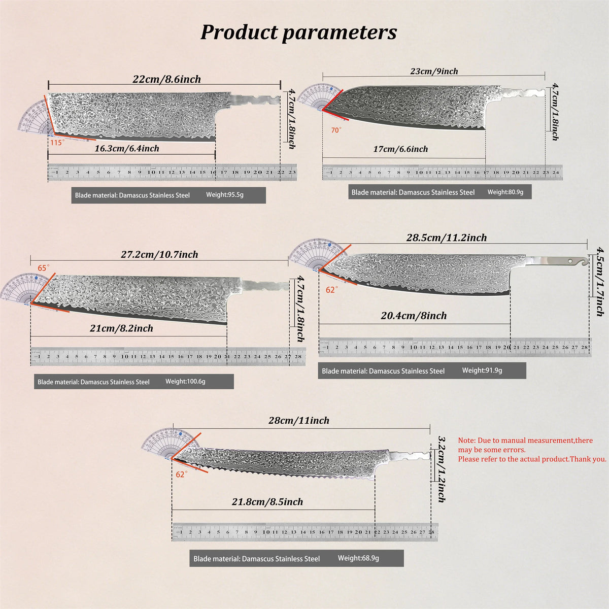 Damascus Steel Chef Knife Blade Set – No Handle, 1–5 Pcs Chef Knife Blade Axl