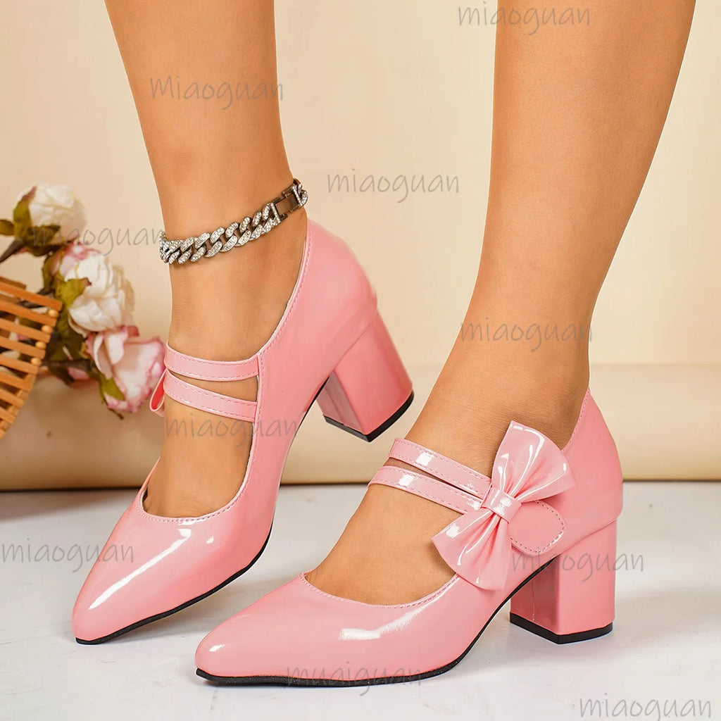 Bow Mary Jane Chunky Heel Pumps | Women's Office Loafers Mary Jane Pumps Axl