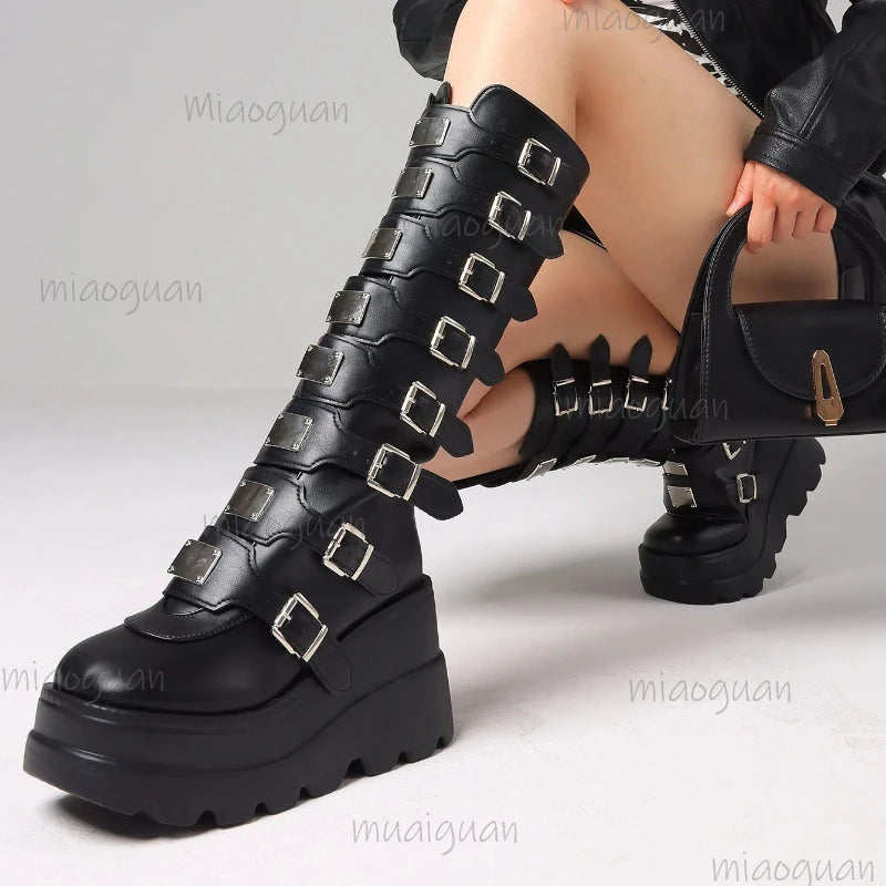 Women's Over-the-Knee Wedge Boots | Metal Buckle & Back Zipper Wedge Knee Boots Axl