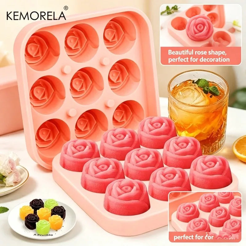 3D Rose Silicone Ice Cube Mold – 9-Grid Flower Tray | KEMORELA Silicone Ice Mold Axl