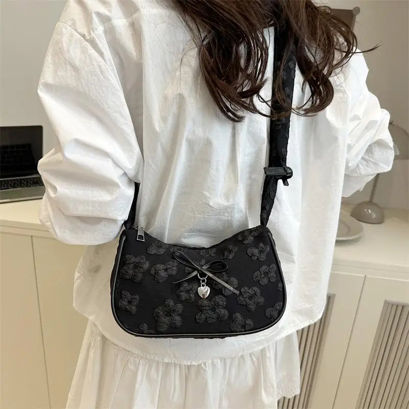 Bow Floral Pleated Crescent Crossbody Bag | Women's Handbag Crossbody Shoulder Bag Axl