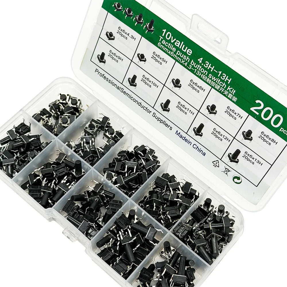 200PCS 6x6mm Micro Tactile Push Button Switch Kit – 10 Types Tactile Switch Kit Axl