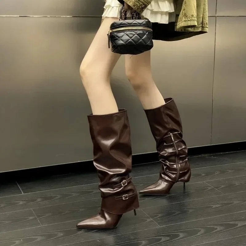 Women's Knee-High Stiletto Boots – Pointed Toe Zipper Buckle Knee-High Boots Axl