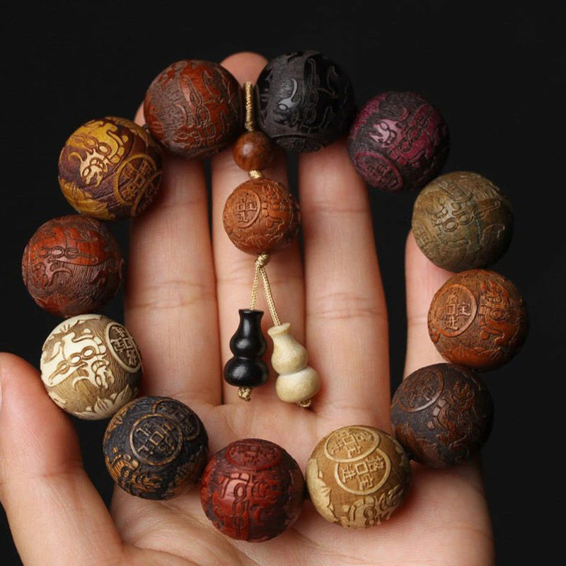 20mm Handmade Wood Carved Beaded Bracelet with Pendant | Unisex Beaded Wood Bracelet Axl