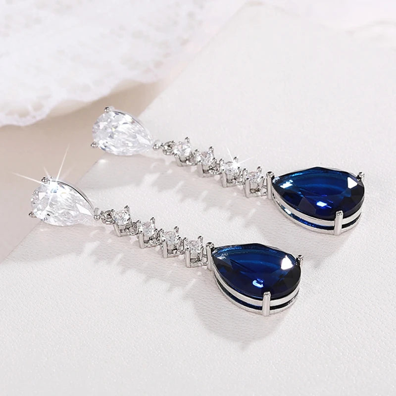 Huitan Blue CZ Waterdrop Long Drop Earrings for Women Drop Earrings Axl