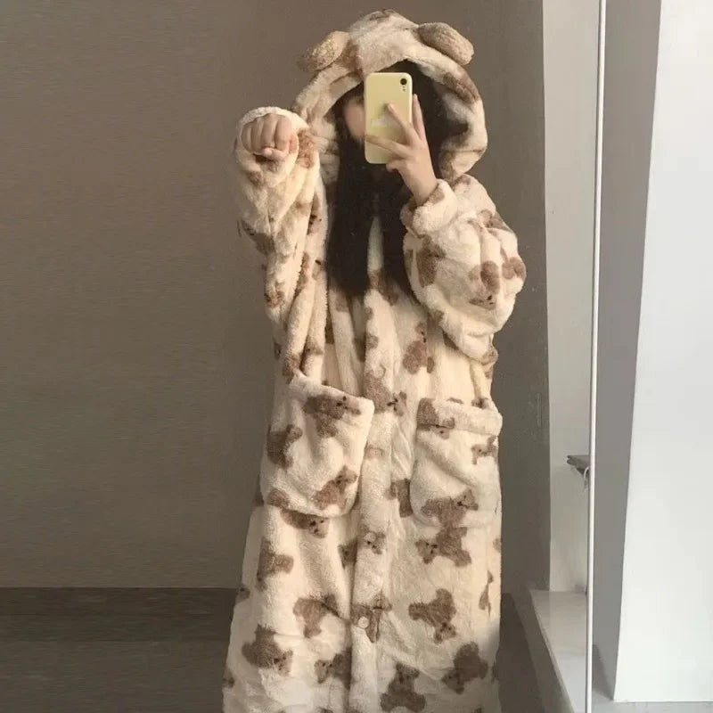 Women's Hooded Flannel Pyjama Set – Cute Bear Fluffy Robe Hooded Pyjama Set Axl