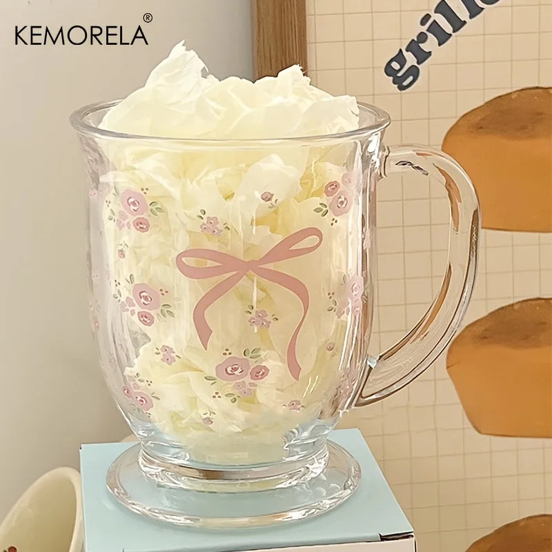 KEMORELA 450ml Floral Rose Glass Cup | U-Shaped Coffee Glass Glass Coffee Cup Axl