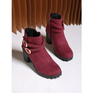 Women's Square Heel Ankle Boots – Faux Suede Winter Fashion Women's Ankle Boots Axl 35 wine red