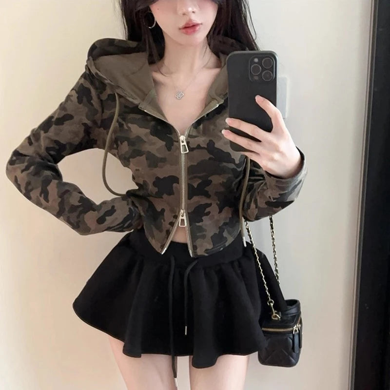 Women's Camo Hooded Crop Jacket – Zip Up Slim Fit Streetwear Crop Hoodie Jacket Axl