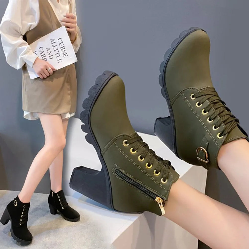 VKJF Women's Lace-Up Ankle Boots – Square Heel, Round Toe Women's Ankle Boots Axl