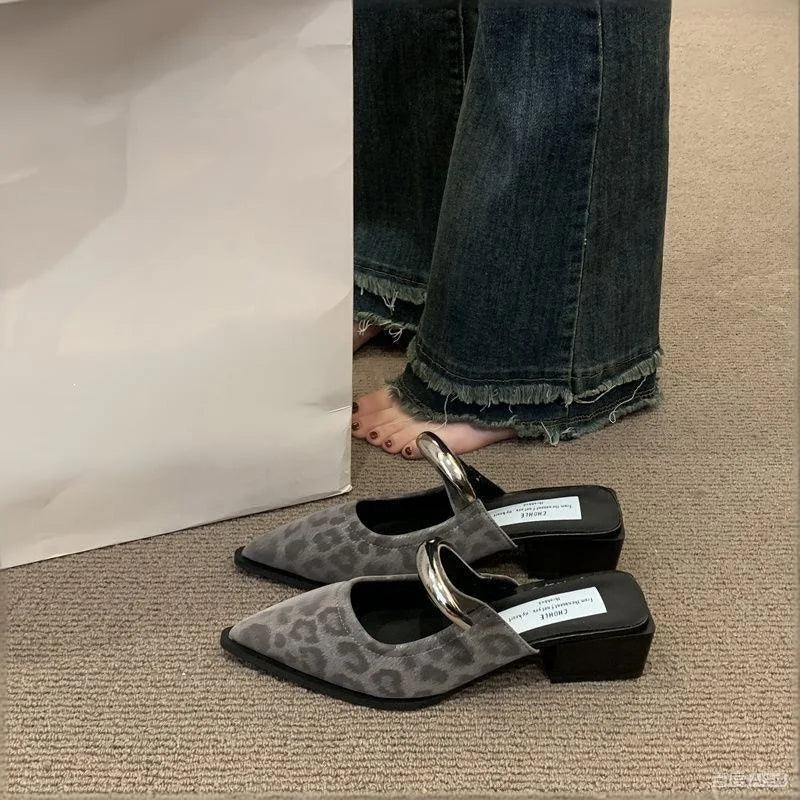 Women's Closed Toe Mule Slippers | Metal Detail Square Heel Slides Women's Mule Slippers Axl 35 GRAY