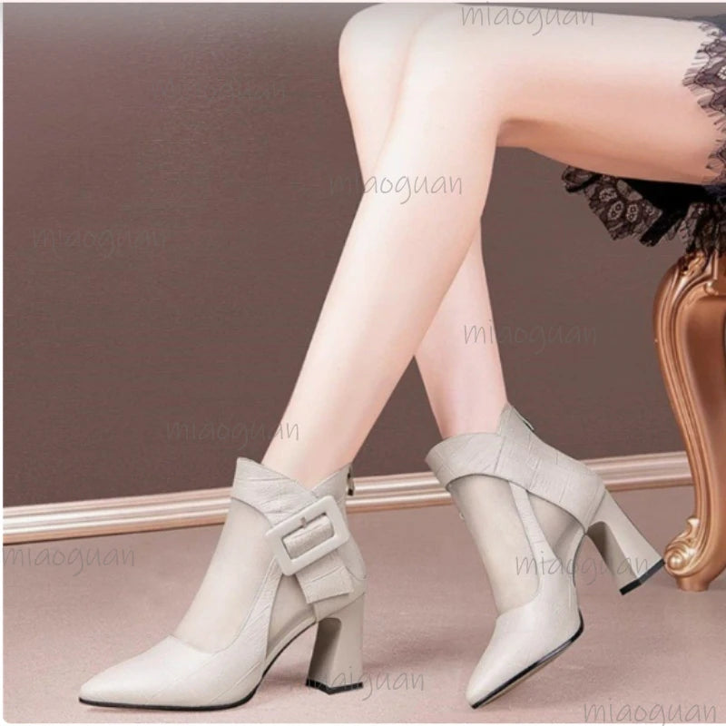 Buckle Strap Pointed Toe Chunky Heel Women's Ankle Boots Chunky Heel Ankle Boots Axl WHITE 39