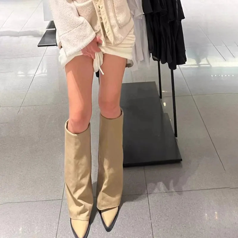 Women's Corduroy Knee-High Boots Pointed Toe Low Heel Knee-High Boots Axl
