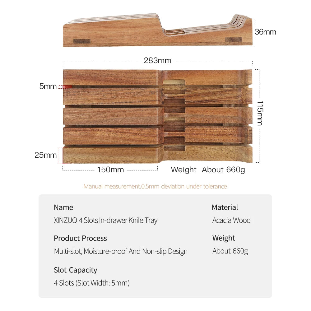 XINZUO Acacia Wood 4-Slot In-Drawer Knife Tray Organizer Knife Storage Tray Axl