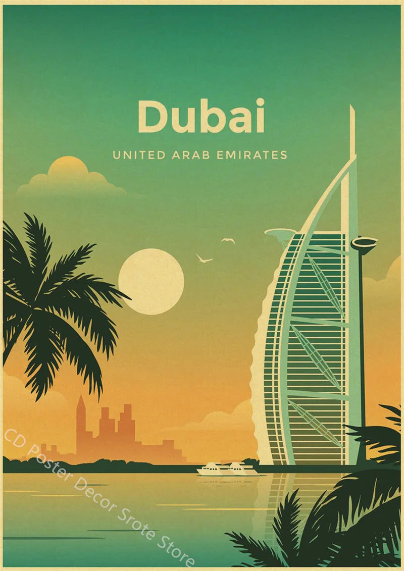 World Cities Retro Travel Poster – Rome Paris Sydney Dubai Art Travel Wall Poster Axl 43 A3 16.5x11.8inch