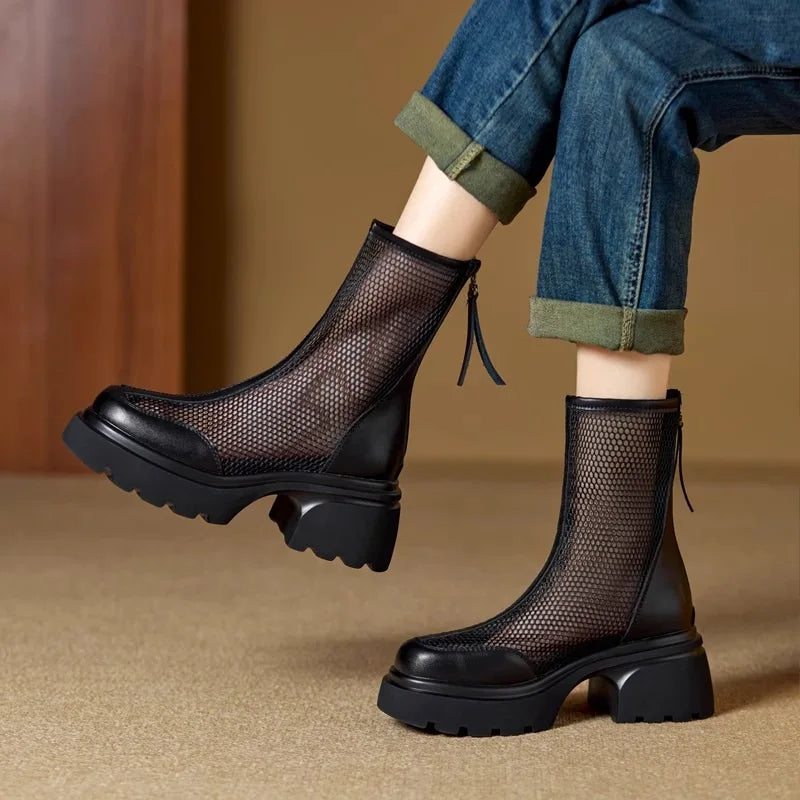 Women's Platform Mesh Sandal Boots – Chunky Heel & Back Zipper Women's Sandal Boots Axl