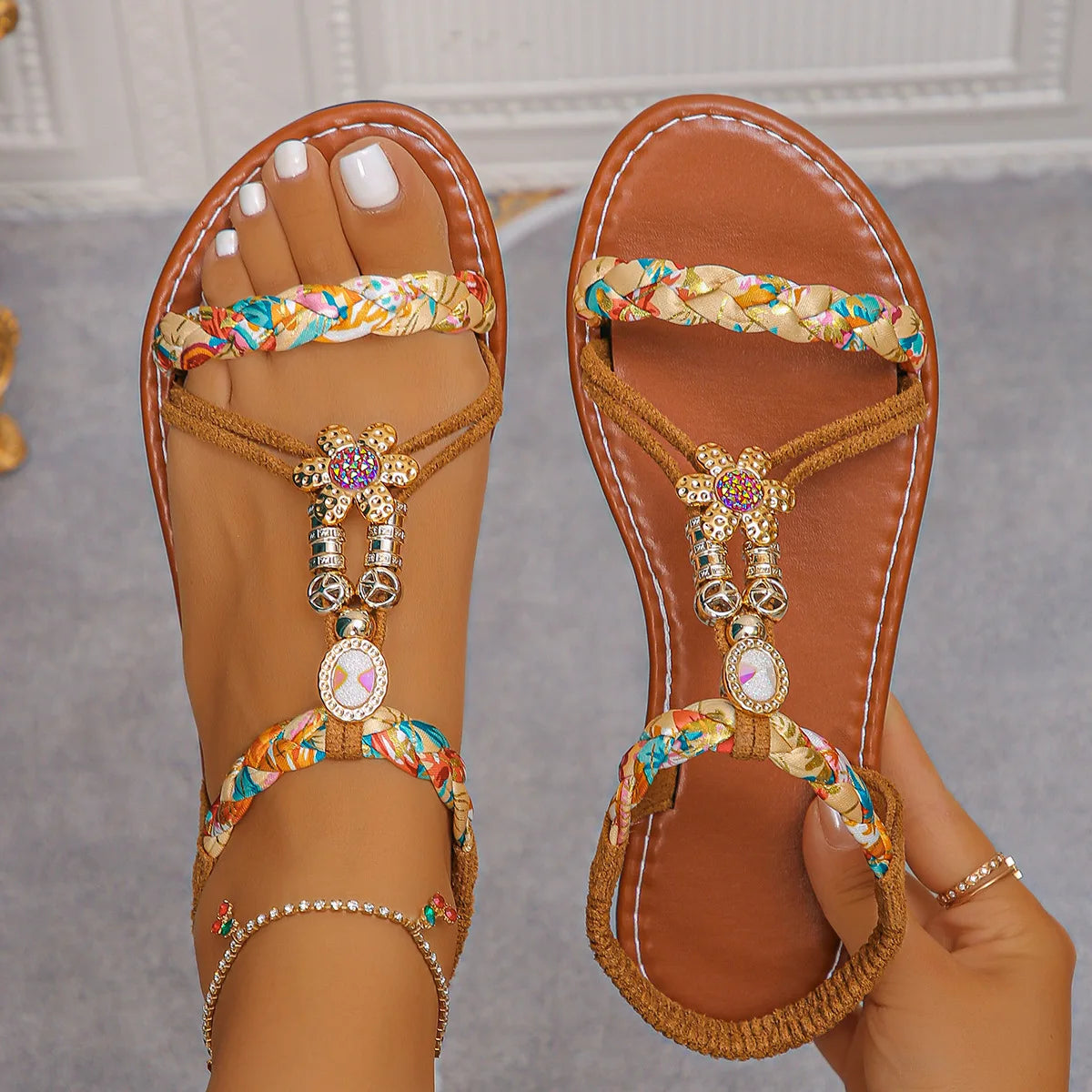 Bohemian Flat Sandals – Women's Open Toe Elastic Band Shoes Women's Flat Sandals Axl Light Brown 37