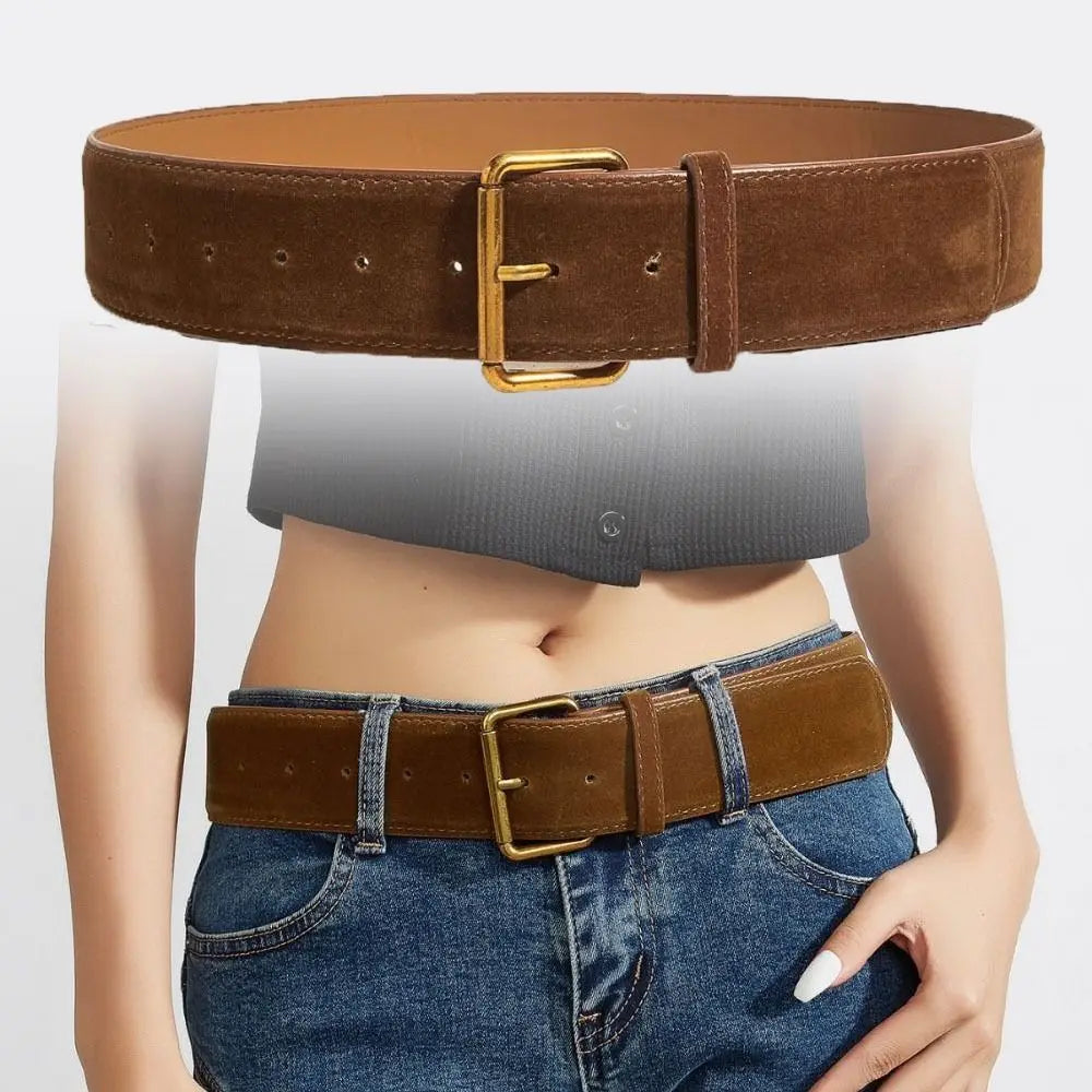 Women's Wide PU Leather Belt – Suede Pin Buckle Waistband Women's Fashion Belt Axl