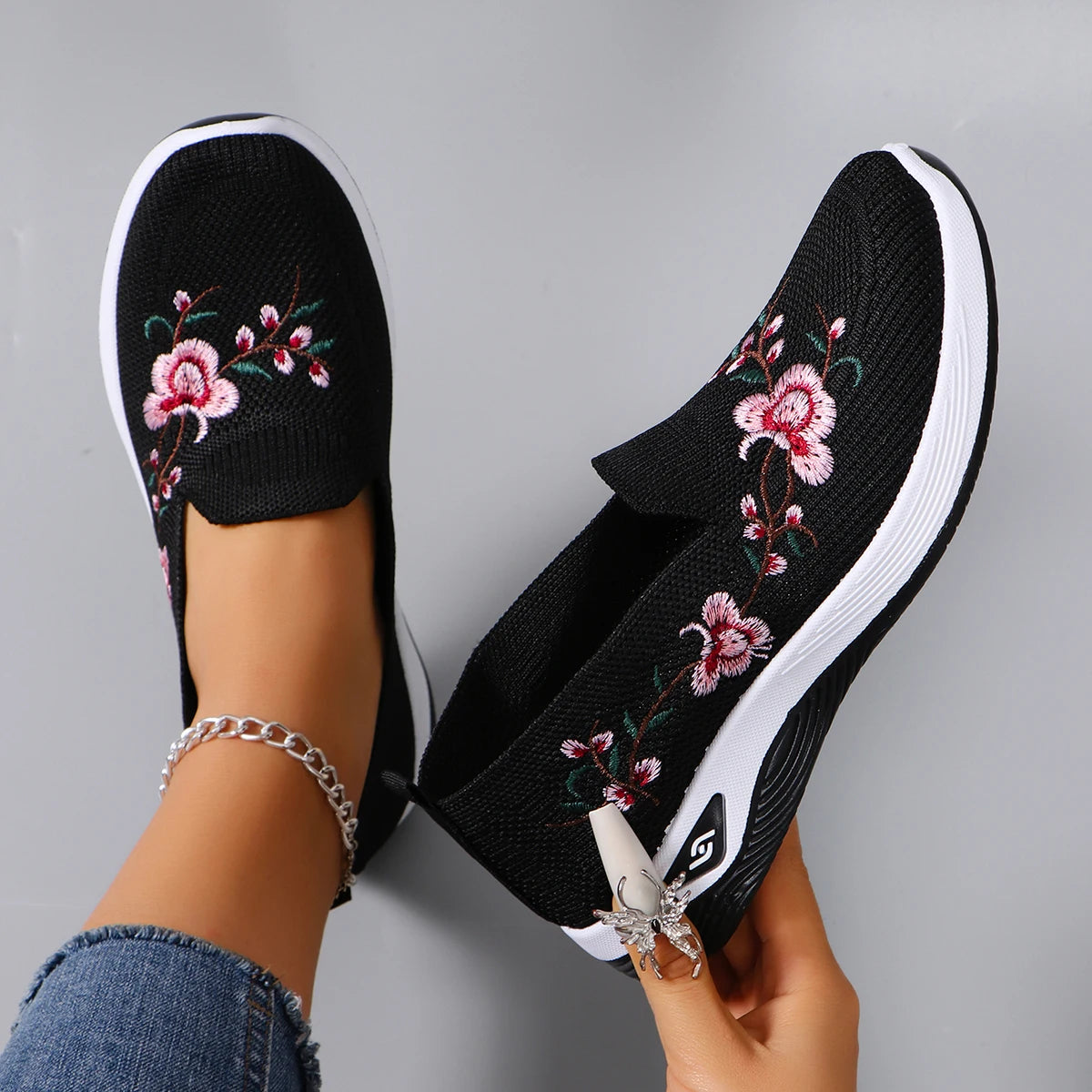Women's Ethnic Embroidery Floral Slip-On Loafers | Lightweight Women's Slip-On Loafers Axl black 35