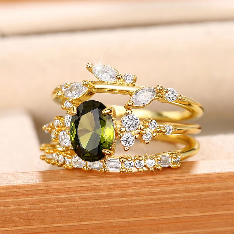 Huitan 3-Piece Olive Green CZ Gold Bridal Ring Set for Women Bridal Ring Set Axl