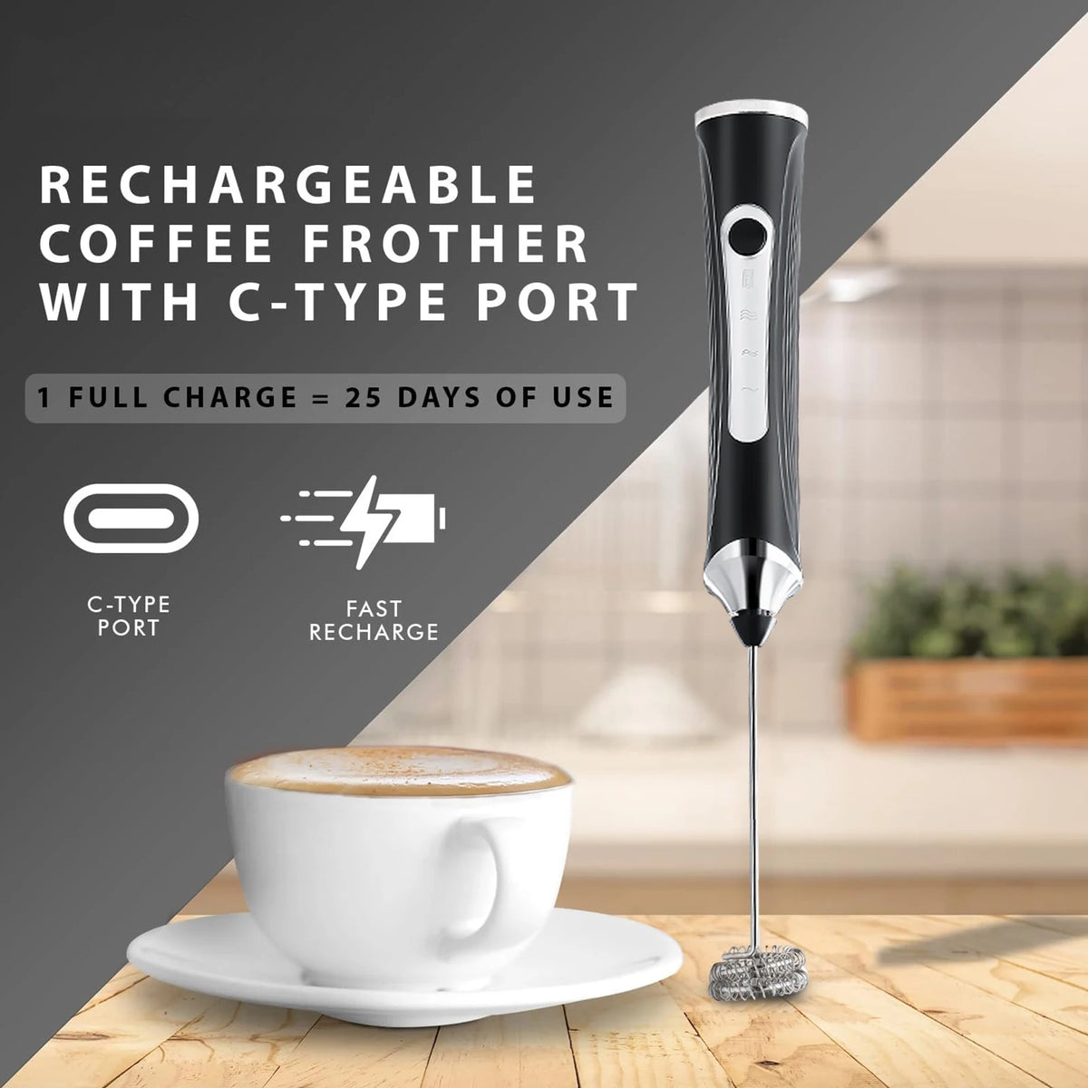 Rechargeable Milk Frother Wand with Stand – 12000 RPM Milk Frother Wand Axl