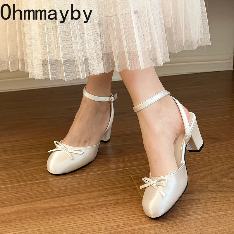 Satin Butterfly-Knot Women's Slingback Sandals | Square Heel Slingback Heeled Sandals Axl