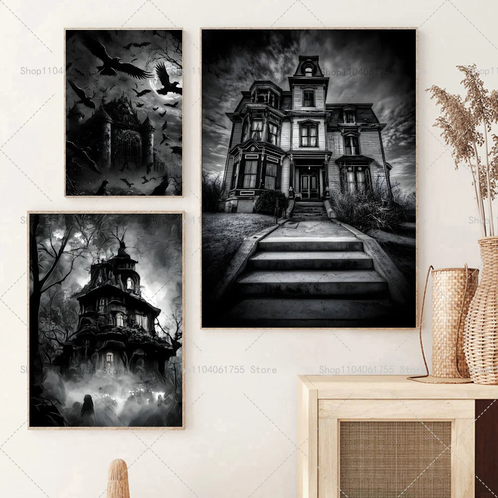 Halloween Gothic Haunted House Wall Poster – Self-Adhesive Wall Art Poster Axl