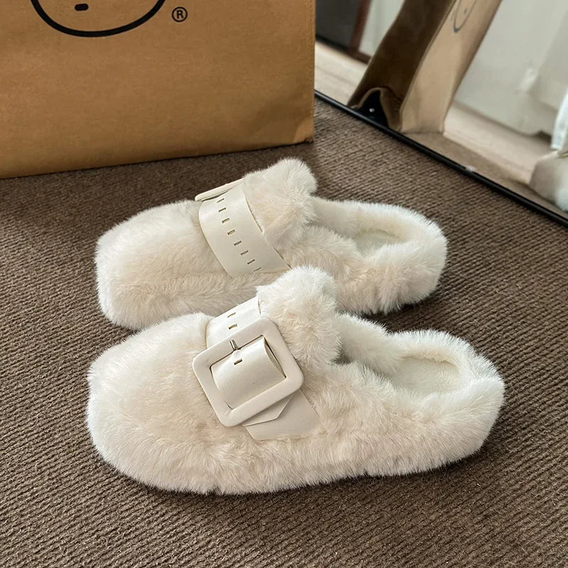Women's Fluffy Wool Fur Slides – Warm Plush Winter Slippers Fur Mule Slippers Axl off white 35