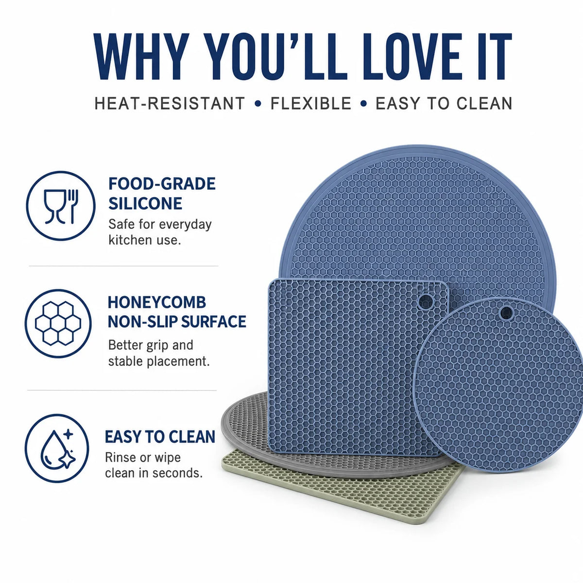 3-Piece Silicone Trivet Mat Set – Honeycomb Hot Pads & Jar Opener Silicone Trivet Set Axl
