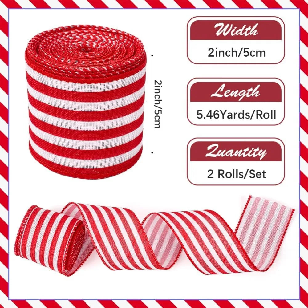 Red & White Striped Wired Ribbon 2" Wide – 10.94 Yards Total Decorative Craft Ribbon Axl