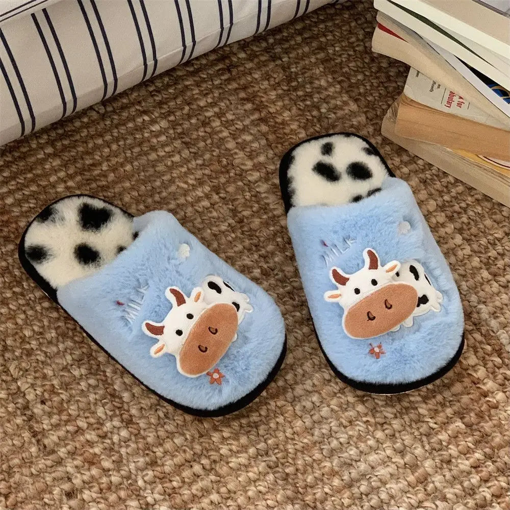 Cow Print Faux Fur Slippers – Cozy Indoor Slides Men & Women Faux Fur Slippers Axl