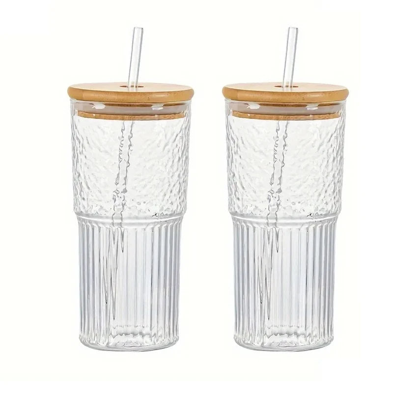500ml Ribbed Glass Cup with Lid & Straw | Iced Coffee Mug Ribbed Drinking Glass Axl 2PCS 401-500ml