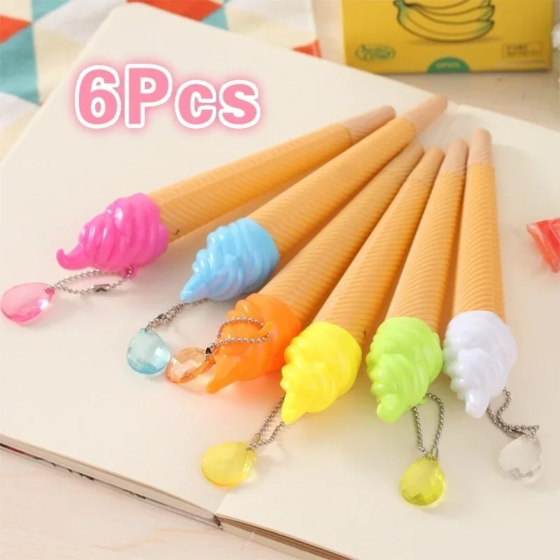 6-Pack Ice Cream Cartoon Gel Pens 0.38mm – Kids School Supplies Gel Pen Set Axl Random Color