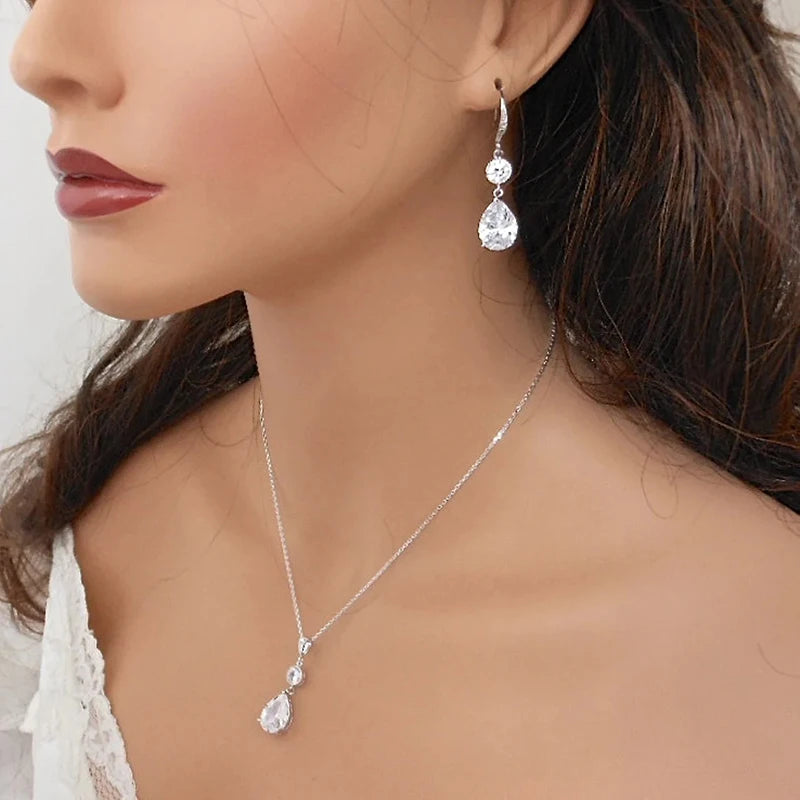 Huitan Waterdrop CZ Drop Earrings – Silver Wedding Jewelry Drop Earrings Axl