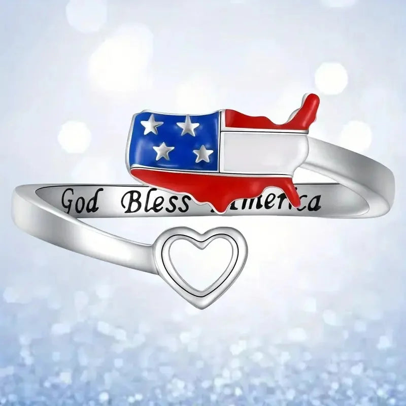 Huitan Heart American Flag Adjustable Ring – Patriotic Jewelry Fashion Ring Axl