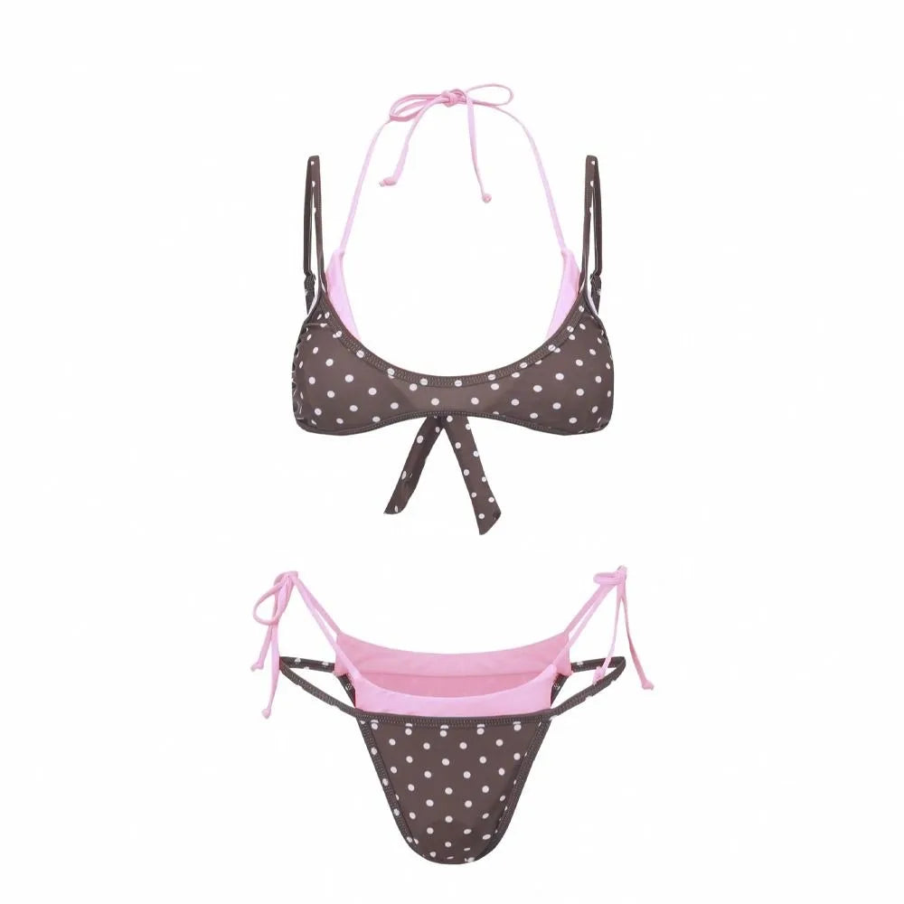 Polka Dot Halter Bikini Set – Push Up Deep V Lace-Up Swimwear Halter Bikini Set Axl Brown Pink L