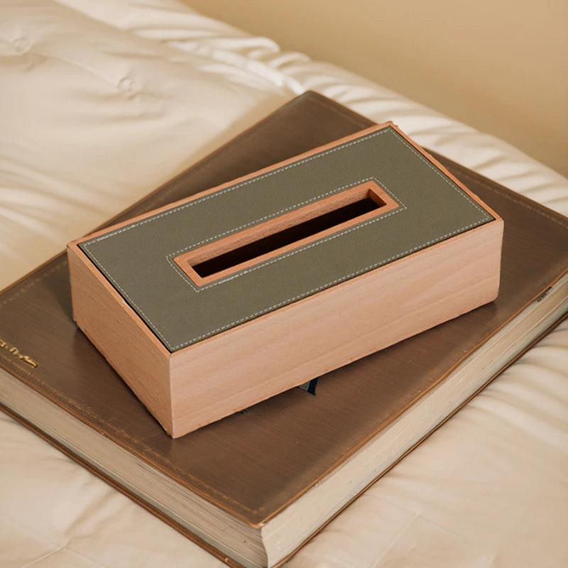 Luxury Wooden & Leather Tissue Box – Beech Desktop Organizer Tissue Box Organizer Axl