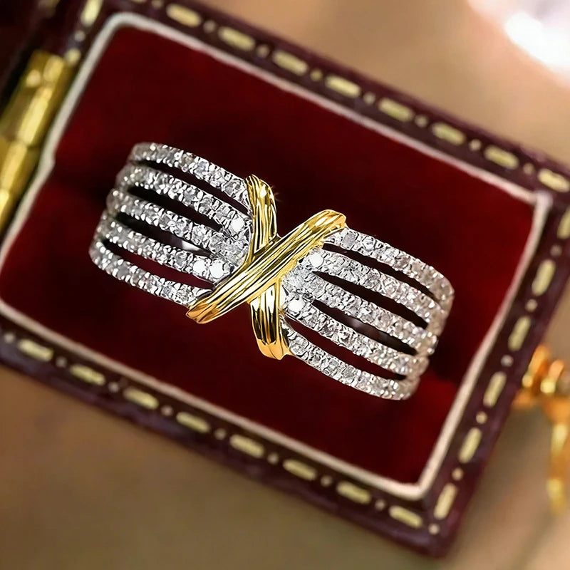 Huitan Two-Tone Cross Ring – Sparkling CZ Statement Ring Fashion Statement Ring Axl