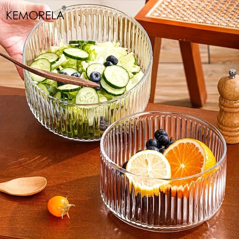 KEMORELA Striped Glass Salad & Fruit Bowl – Serving Dish Glass Serving Bowl Axl