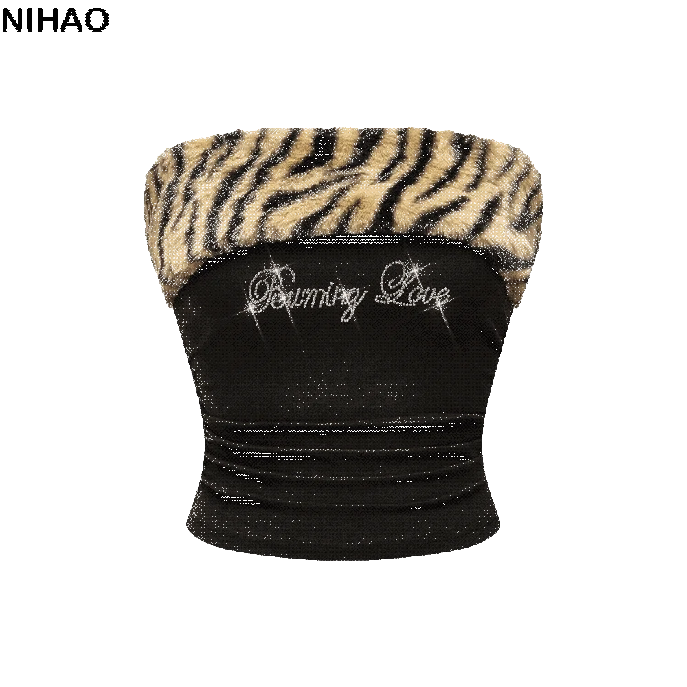 Y2K Crystal Letter Strapless Crop Top | Leopard Bandeau Bandeau Crop Top Axl