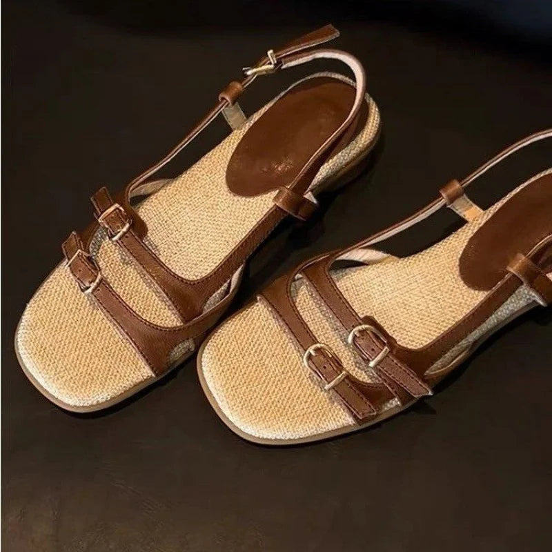 Women's Retro Square Toe Buckle Sandals – Roman Beach Flats Women's Flat Sandals Axl