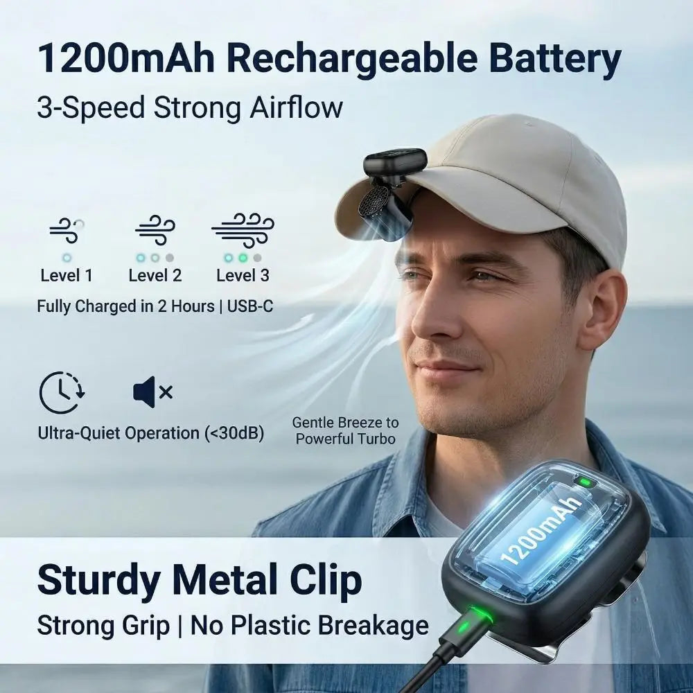 Clip-On Hat Fan – 3-Speed USB Rechargeable 1200mAh Portable Clip-On Fan Axl