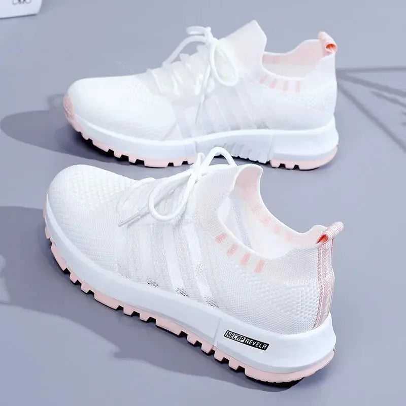 Women's White Platform Sneakers – Breathable Mesh Lace-Up Platform Sneakers Axl Pink 36