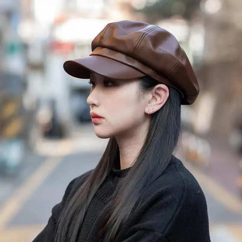 PU Leather Retro Beret – Octagonal Flat Cap for Women Women's Beret Hat Axl