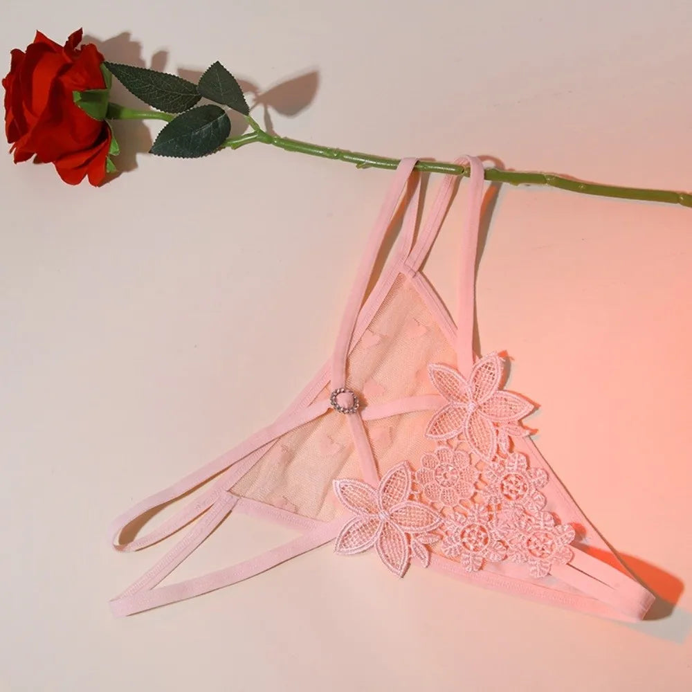 Women's Low Rise Floral Embroidery Thong – Lace Bikini Brief Thong Panties Axl Skin Color One Size 1pc