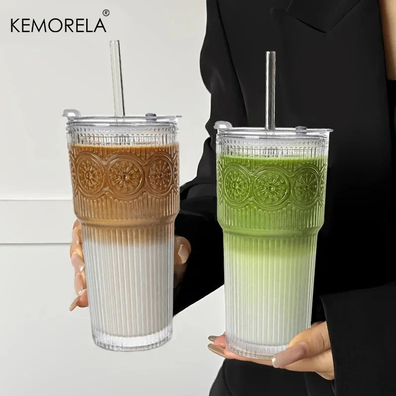 KEMORELA 600ml Floral Glass Tumblers with Lid & Straw | 1-2 Pack Glass Tumbler Set Axl