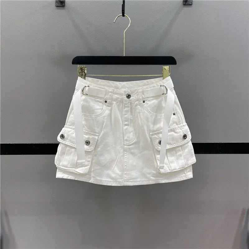 Women's Denim Mini Cargo Skirt – A-Line Zipper Fly Jean Skirt Denim Mini Skirt Axl White XL