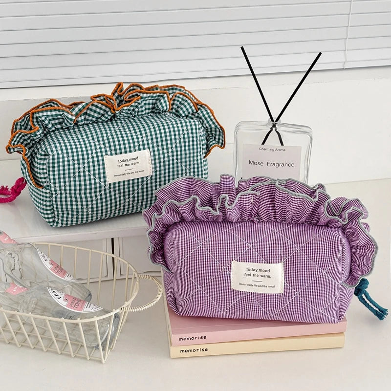 Women's Vintage Gingham Makeup Bag – Large Capacity Organizer Cosmetic Makeup Bag Axl