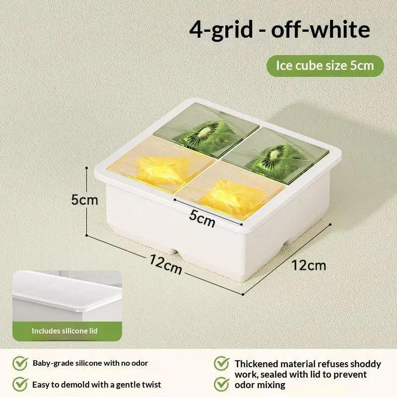 Large Silicone Ice Cube Tray with Leak-Proof Lid | Easy Release Silicone Ice Tray Axl 4 Grids White